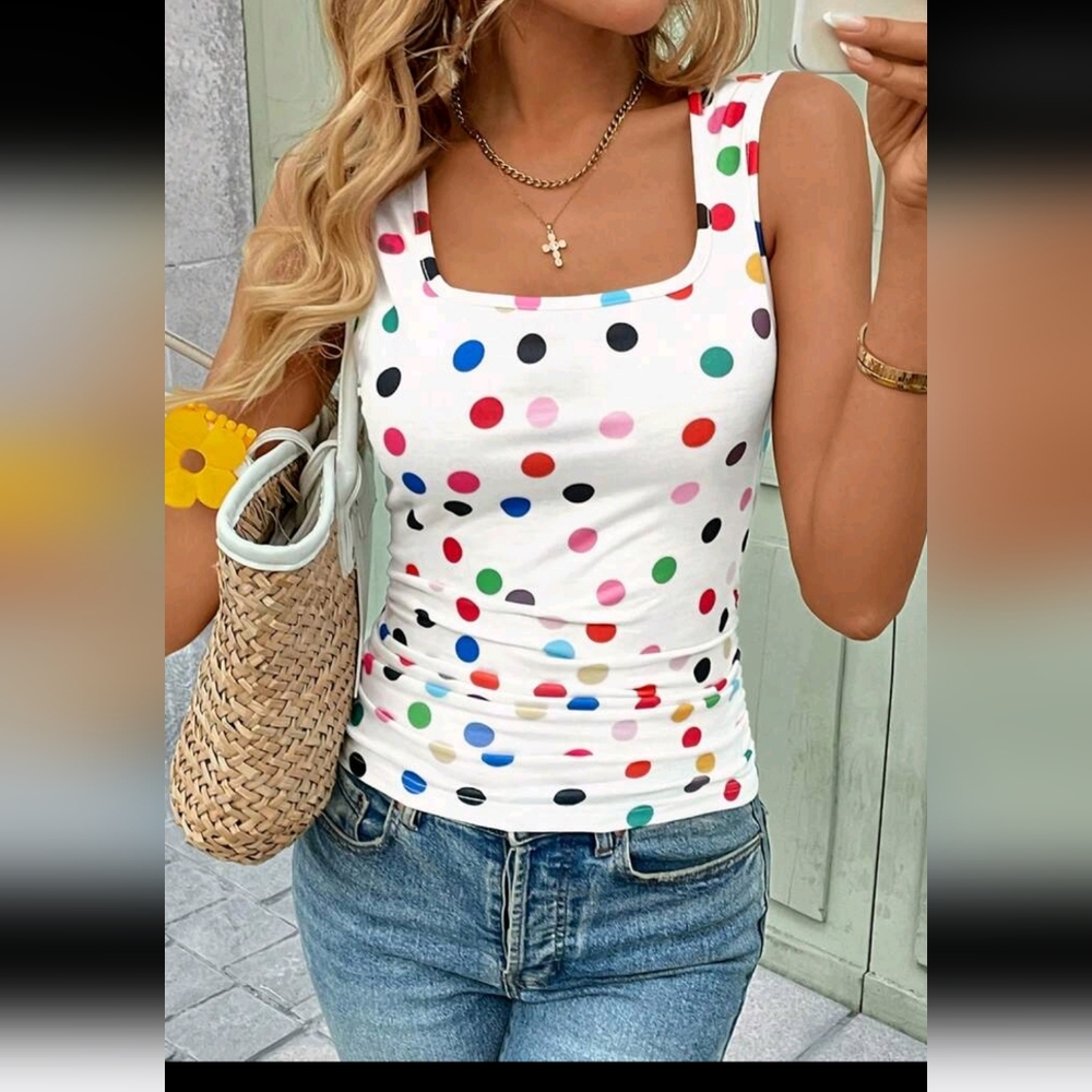Shein Ladies Casual Polka Dot Print Square Neck Tank Top, Spring & Summer